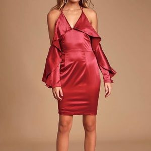 Red satin cold shoulder mini dress